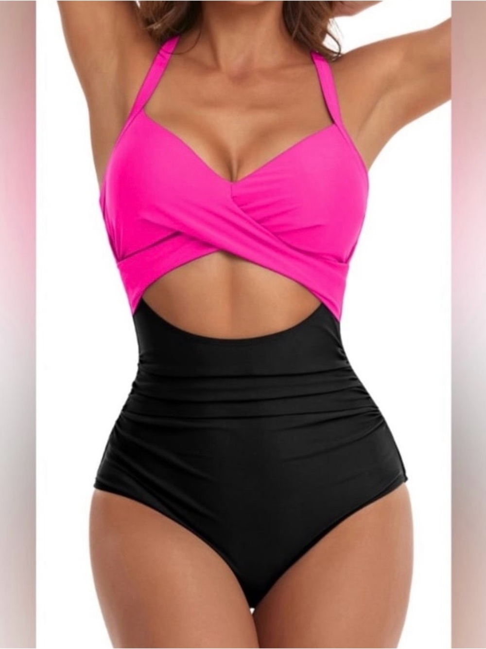Hot Pink and Black Cutout One-Piece Swimsuit